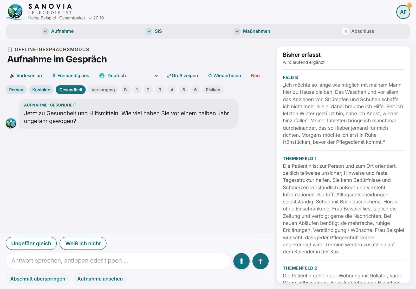 Gesprächsmodus auf dem iPad: Frage an die Patientin mit Antwortvorschlägen, rechts die bisher erfassten Inhalte