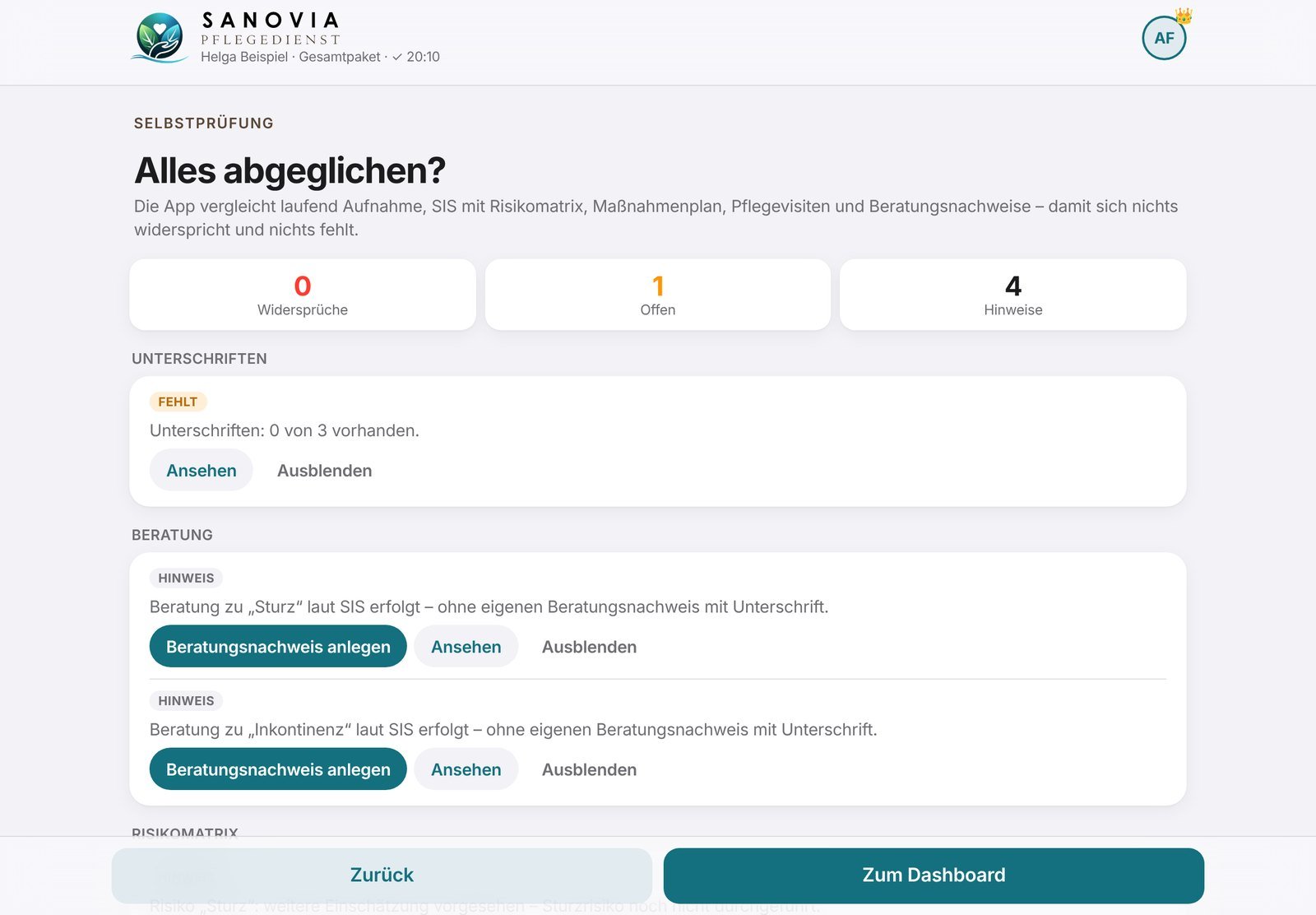 Selbstprüfung: Widersprüche, offene Punkte und Hinweise auf einen Blick