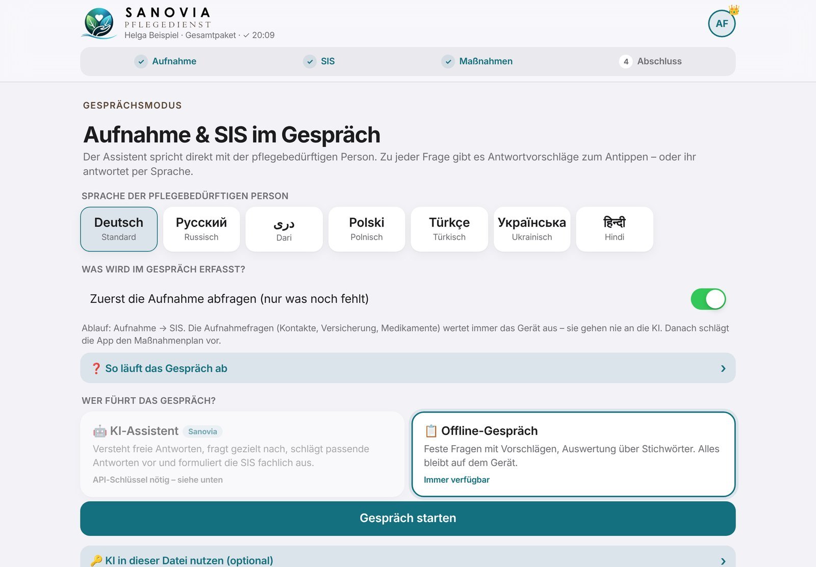 Sprachauswahl im Gesprächsmodus